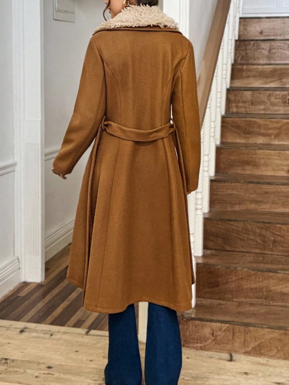 Classic Camel Teddy Wide collar Button Belted Jacket Coat - Picture 4 of 5